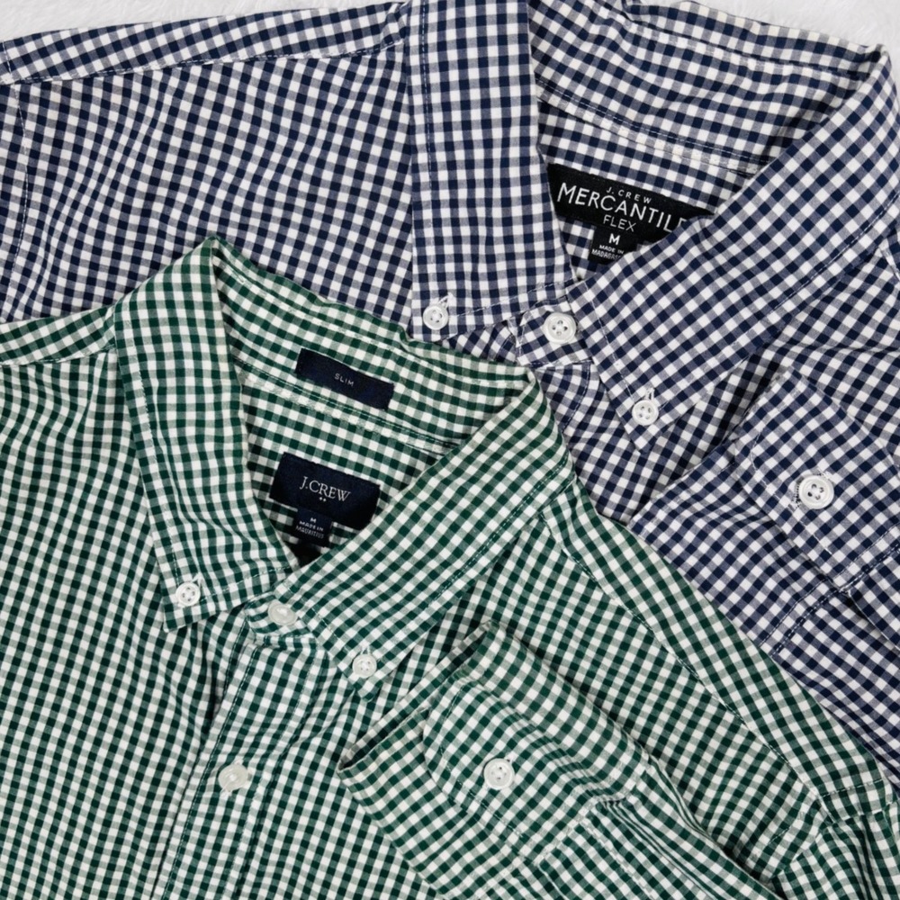 LOT OF 2 J Crew Button Shirt Mens M Green Navy Gingham Check Preppy Long Sleeve